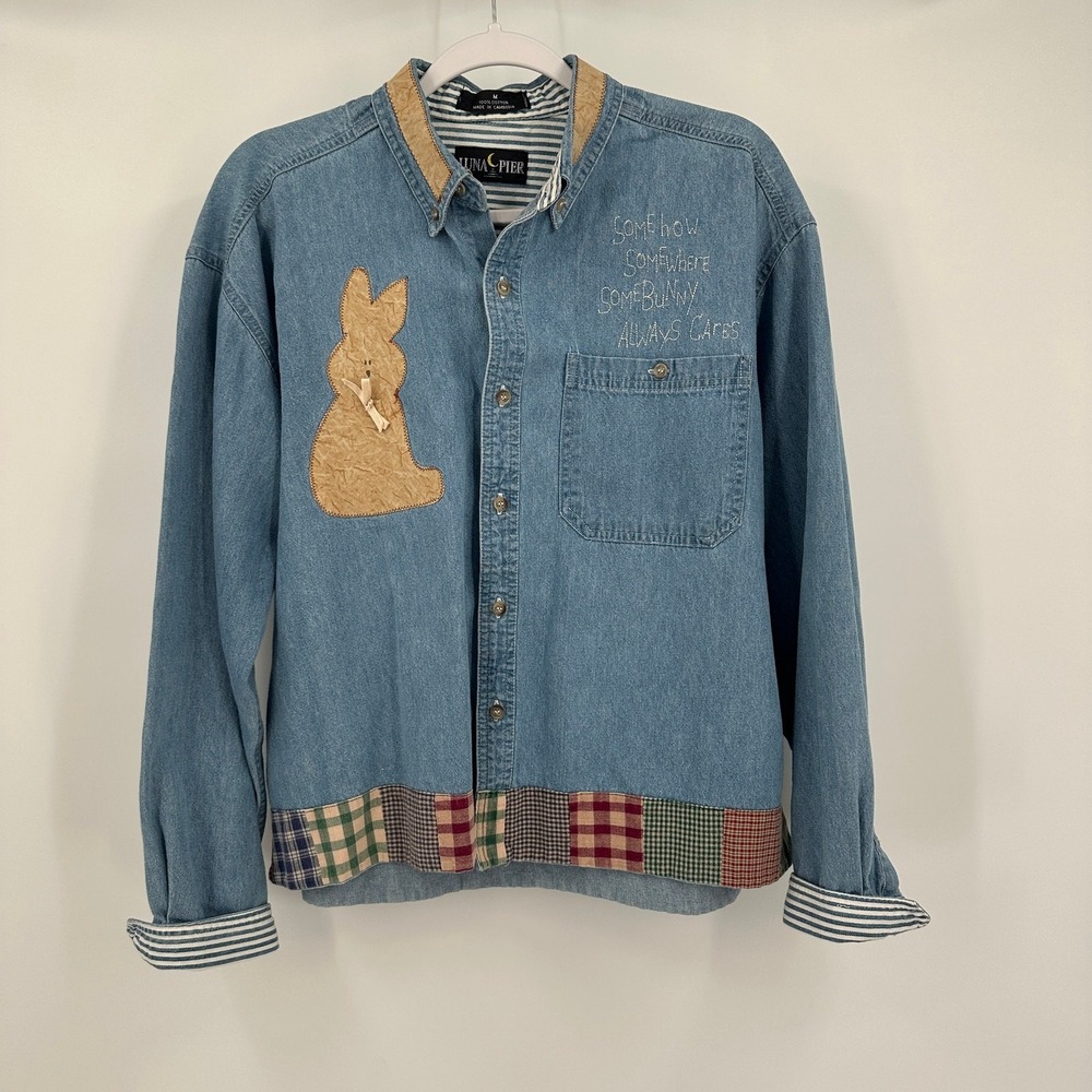 Luna Pier Womens Cottagecore Denim Bunny Embroidery Patchwork‎ Shirt Size M